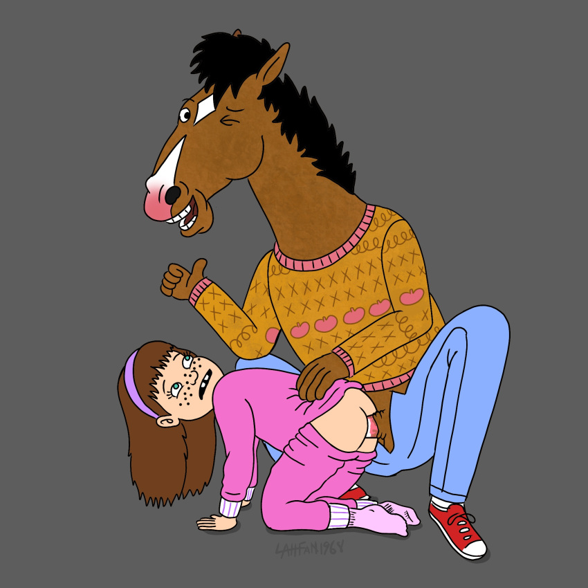 animal_humanoid artist_name bojack_horseman bojack_horseman_(character) bottomwear brown_hair clothing denim denim_bottomwear denim_clothing duo equid equid_humanoid equine equine_humanoid female footwear grey_background hair happy hi_res human humanoid interspecies jeans lahfan1964 looking_up male male/female mammal mammal_humanoid netflix one_eye_closed pants pink_clothing pink_footwear pink_socks purple_hairband sarah_lynn simple_background socks teeth