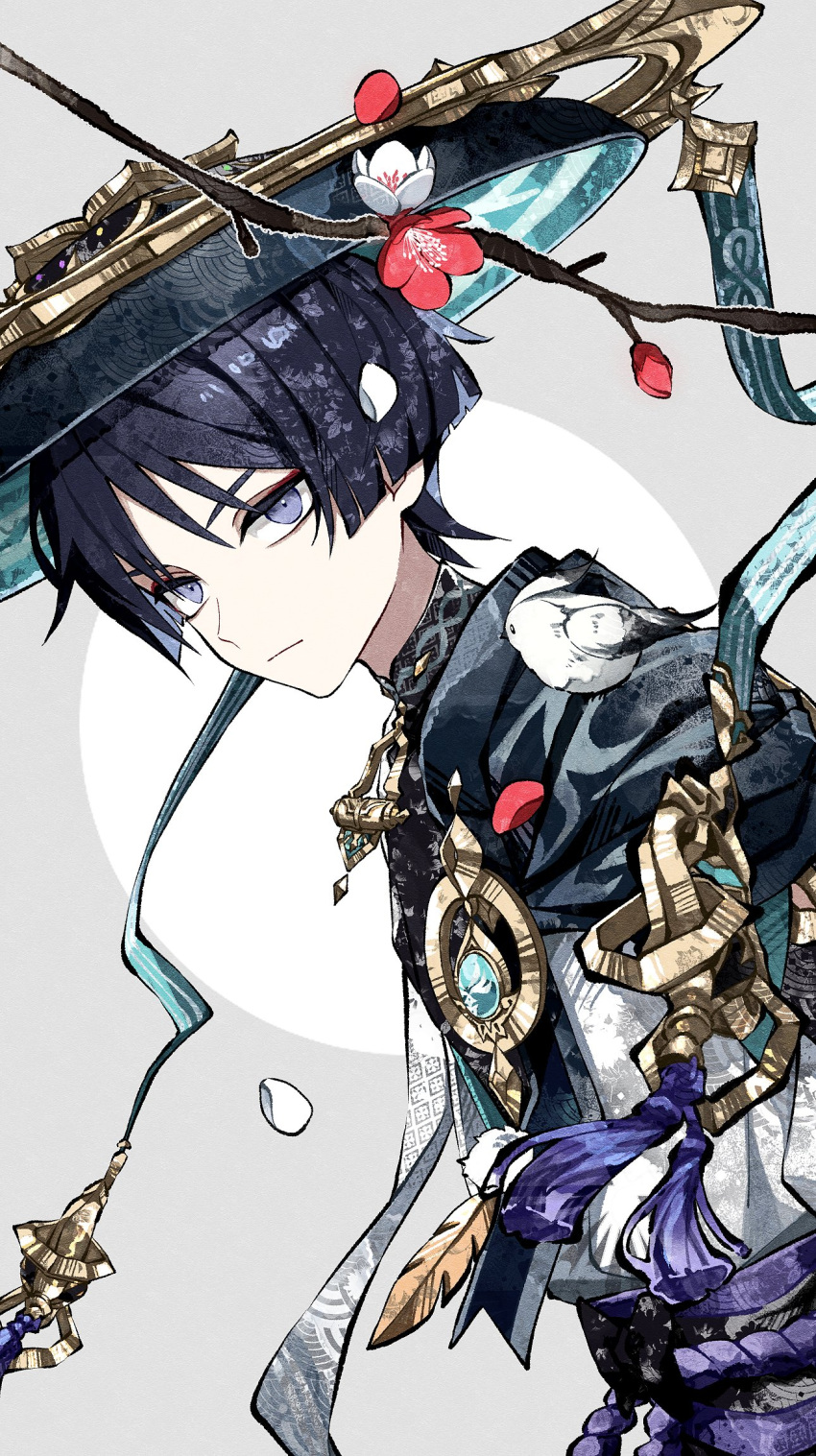 1boy belt bird black_belt black_bow black_hair black_shirt blue_cape blue_gemstone blue_headwear blunt_ends bow branch cape cha_hanare circle closed_mouth eyeshadow feathered_wings feathers flower gem genshin_impact gold_trim grey_background hair_between_eyes hat highres jingasa leaf looking_at_viewer makeup male_focus mandarin_collar open_clothes open_vest petals pom_pom_(clothes) purple_belt purple_eyes red_eyeshadow red_flower scaramouche_(genshin_impact) shirt short_hair short_sleeves simple_background solo standing tassel vest vision_(genshin_impact) wanderer_(genshin_impact) white_feathers white_flower white_vest wings
