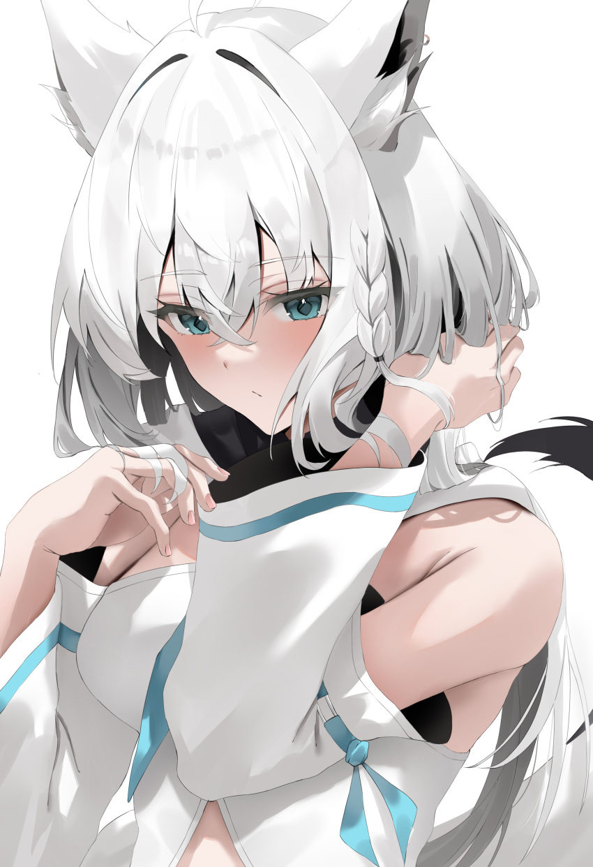 1girl absurdres ahoge animal_ear_fluff animal_ears bare_shoulders blue_eyes blue_neckerchief blue_ribbon braid breasts closed_mouth detached_sleeves earrings expressionless fox_ears fox_girl fox_tail hair_between_eyes hair_intakes hand_in_own_hair hashtag_only_commentary highres hololive hood hoodie jewelry kaede_nekoshima large_breasts long_hair long_sleeves looking_down midriff neckerchief ribbon shirakami_fubuki shirakami_fubuki_(1st_costume) side_braid sidelocks simple_background single_earring solo tail upper_body virtual_youtuber white_background white_hair white_hoodie white_sleeves wide_sleeves