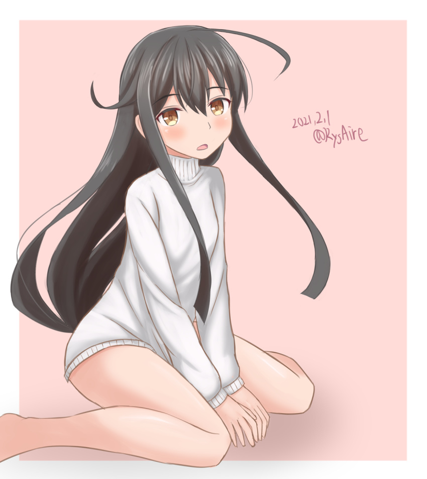 1girl ahoge ame-san bare_legs black_hair dated eyebrows_visible_through_hair hair_between_eyes hatsushimo_(kantai_collection) highres kantai_collection light_blush long_hair long_sleeves looking_at_viewer open_mouth sitting sweater turtleneck turtleneck_sweater twitter_username very_long_hair wariza yellow_eyes