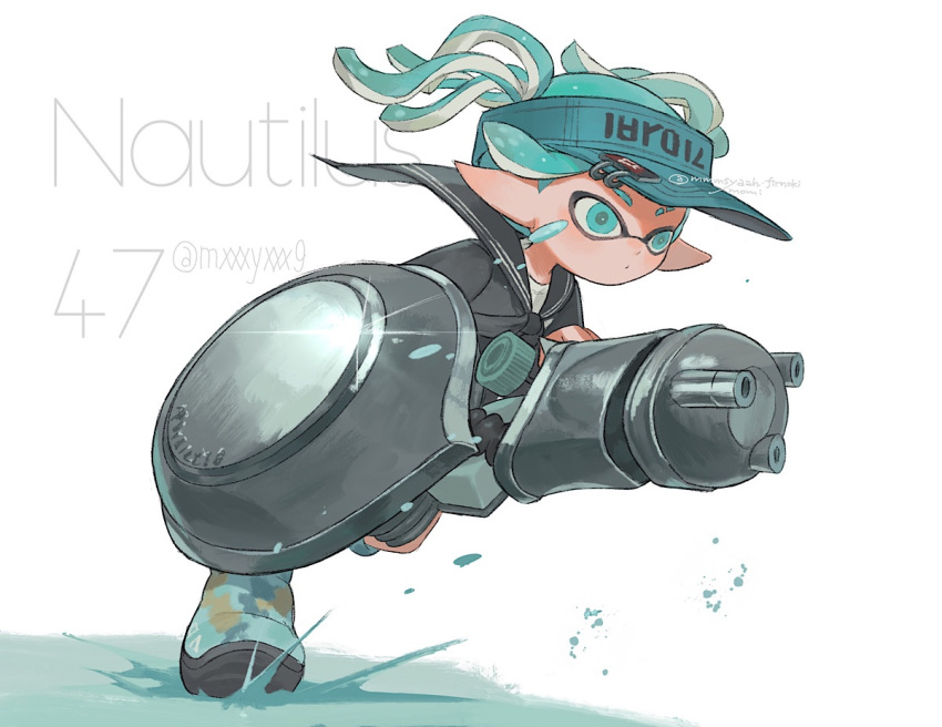 1boy aqua_eyes aqua_hair aqua_headwear artist_name closed_mouth commentary eyebrow_cut full_body glint gun holding holding_gun holding_weapon inkling inkling_boy inkling_player_character male_focus nautilus_(splatoon) pointy_ears short_hair short_twintails simple_background solo splatoon_(series) splatoon_3 symbol-only_commentary tentacle_hair totocosakana twintails twitter_username visor_cap weapon weapon_name white_background