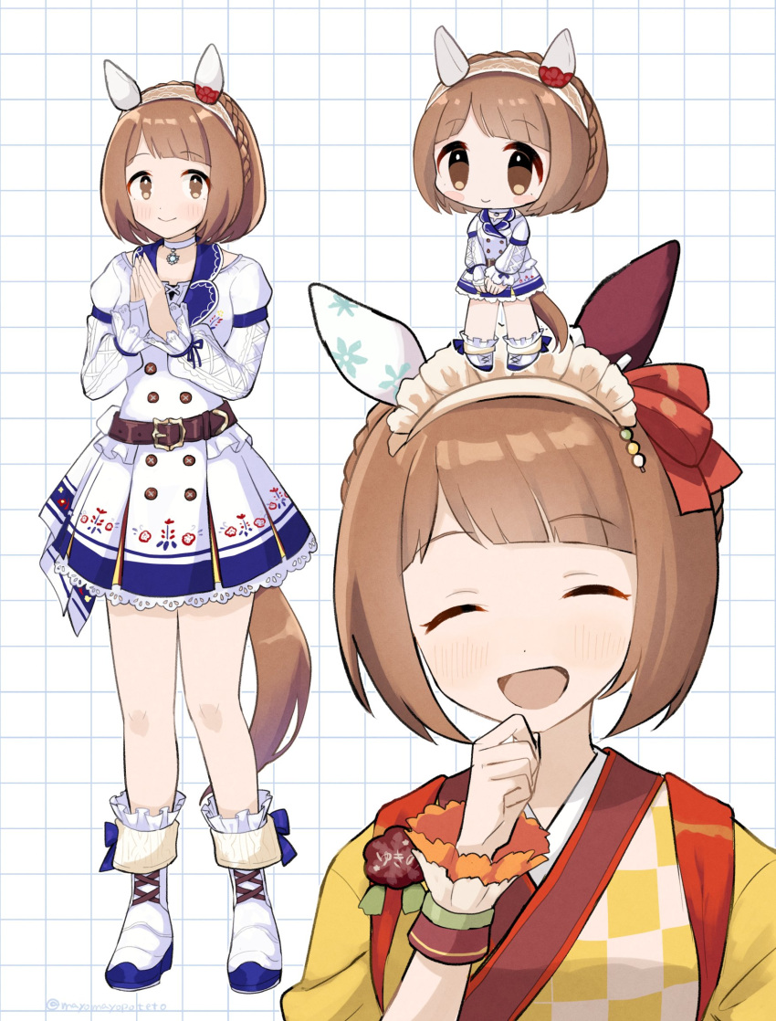 1girl alternate_costume animal_ears braid brown_hair chibi closed_eyes closed_mouth commentary_request crown_braid full_body hair_ornament headband highres horse_ears horse_girl horse_tail looking_at_viewer maid own_hands_together sangria_(sangria69) simple_background smile solo tail umamusume wa_maid white_background yukino_bijin_(tea_girl_snow_girl)_(umamusume) yukino_bijin_(umamusume)