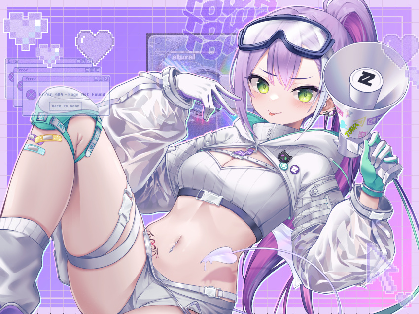 1girl :p breasts demon_tail demon_wings gloves goggles goggles_on_head green_eyes gyoza_(pixiv17855879) hair_ornament highres hololive long_hair looking_at_viewer megaphone melting_tail multicolored_hair navel navel_piercing piercing pink_hair ponytail purple_hair shorts socks solo streaked_hair tail tattoo tokoyami_towa tokoyami_towa_(5th_costume) tongue tongue_out virtual_youtuber white_gloves white_shorts wings