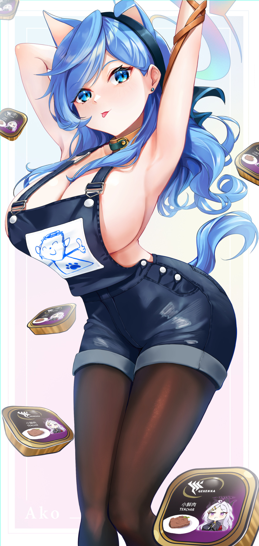 1girl :p absurdres ako_(blue_archive) animal_ears arm_behind_head arm_up armpits azul_(hhez3423) blue_archive blue_eyes blue_hair blue_overalls breasts brown_pantyhose cat_ears cat_girl cat_tail cleavage commentary_request doodle_sensei_(blue_archive) halo highres hina_(blue_archive) kemonomimi_mode large_breasts looking_at_viewer medium_hair multicolored_halo overalls pantyhose sensei_(blue_archive) standing tail tongue tongue_out yellow_collar