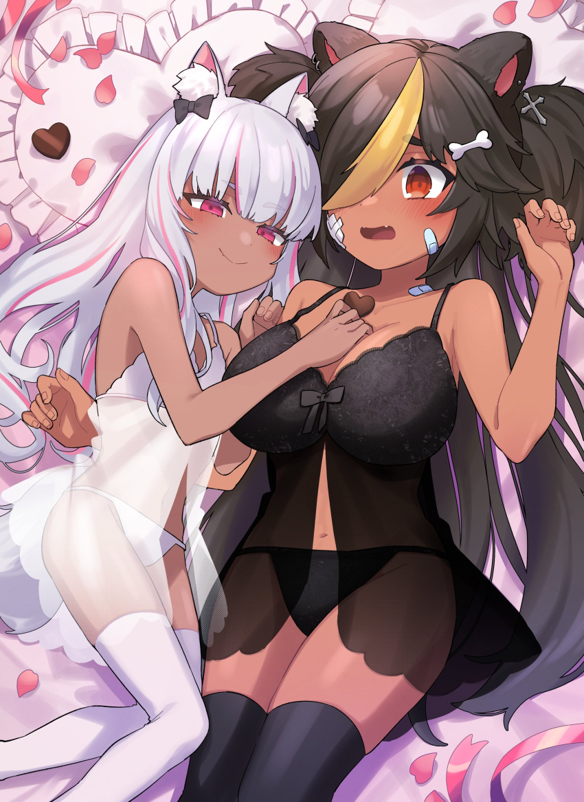 2girls 48okku absurdres animal_ear_fluff animal_ears babydoll bandage_on_face bandages bandaid bandaid_on_cheek bandaid_on_face bandaid_on_neck bear_ears bear_girl black_babydoll black_bow black_hair black_panties black_thighhighs blonde_hair bone_hair_ornament bow breasts brown_eyes candy charlotte_bear chocolate cross cross_earrings dark-skinned_female dark_skin earrings flat_chest food grey_hair hair_ornament hair_over_one_eye heart heart-shaped_chocolate heart-shaped_pillow highres indie_virtual_youtuber jewelry kotoku_koinuko lying multicolored_hair multiple_girls navel on_back panties pillow pink_eyes pink_hair pink_petals pink_ribbon ribbon second-party_source streaked_hair thighhighs underwear virtual_youtuber white_babydoll white_panties white_thighhighs yuri