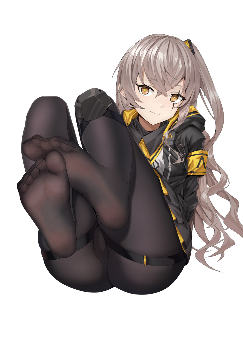 1girl absurdres armband bdsm black_pantyhose bondage bound brown_hair chinese_commentary commentary cuffs feet feet_up girls'_frontline highres long_hair looking_at_viewer one_side_up panties pantyhose restrained scar scar_across_eye scar_on_face soles toes ump45_(girls'_frontline) underwear xo_(xo17800108) yellow_armband yellow_eyes