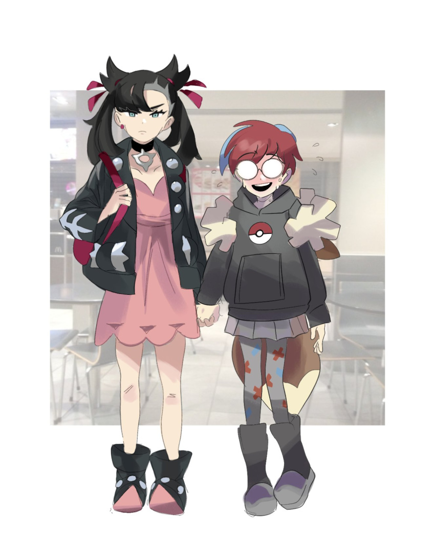 2girls asymmetrical_bangs backpack bag black_footwear black_hair black_jacket boots brown_bag closed_mouth commentary dress earrings eyelashes flying_sweatdrops glasses green_eyes hair_ribbon highres holding_strap hood hoodie jacket jewelry long_sleeves marnie_(marnielovesyou) marnie_(pokemon) multicolored_hair multiple_girls opaque_glasses open_clothes open_jacket pantyhose penny_(pokemon) pink_dress pleated_skirt poke_ball_print pokemon pokemon_sv pokemon_swsh red_hair ribbon see-through see-through_skirt skirt standing twintails two-tone_hair