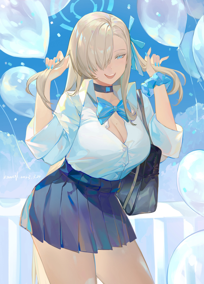 1girl absurdres adjusting_hair asuna_(blue_archive) bag balloon bare_legs bingansuan_jiamouren black_choker blue_archive blue_eyes blue_halo blue_nails blue_skirt blue_sky breasts chest_bow choker cloud cowboy_shot hair_over_one_eye halo highres large_breasts long_hair miniskirt mole mole_on_breast open_clothes open_shirt outdoors partially_unbuttoned pleated_skirt railing shirt shoulder_bag skirt sky solo standing straight_hair thighs white_shirt