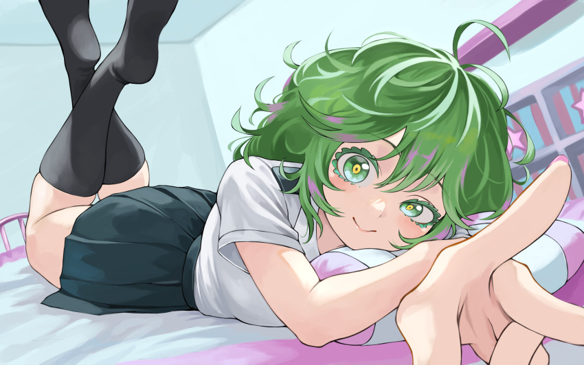 1girl absurdres bed bedroom black_socks boku_no_hero_academia closed_mouth feet_up fengling_(furin-jp) green_eyes green_hair green_skirt hagakure_tooru hair_between_eyes head_on_pillow highres looking_at_viewer lying messy_hair multicolored_hair on_bed on_stomach pillow pink_hair pleated_skirt pointing school_uniform shirt short_sleeves skirt socks solo thick_eyelashes u.a._school_uniform unusually_visible white_shirt yellow_pupils zettai_ryouiki