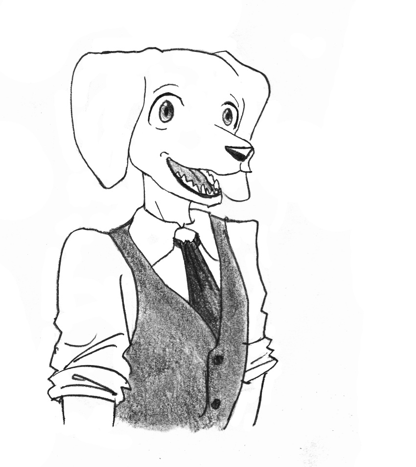 5_fingers absurd_res anthro beastars black_necktie blue_body blue_clothing blue_fur blue_topwear blue_vest blush blush_lines bottomwear brown_eyes brown_nose clothing efradraws fingers fur graphite_(artwork) hi_res jack_(beastars) monochrome necktie pencil_(artwork) sketch smile smiling_at_viewer topwear traditional_media_(artwork) vest yellow_body yellow_fur