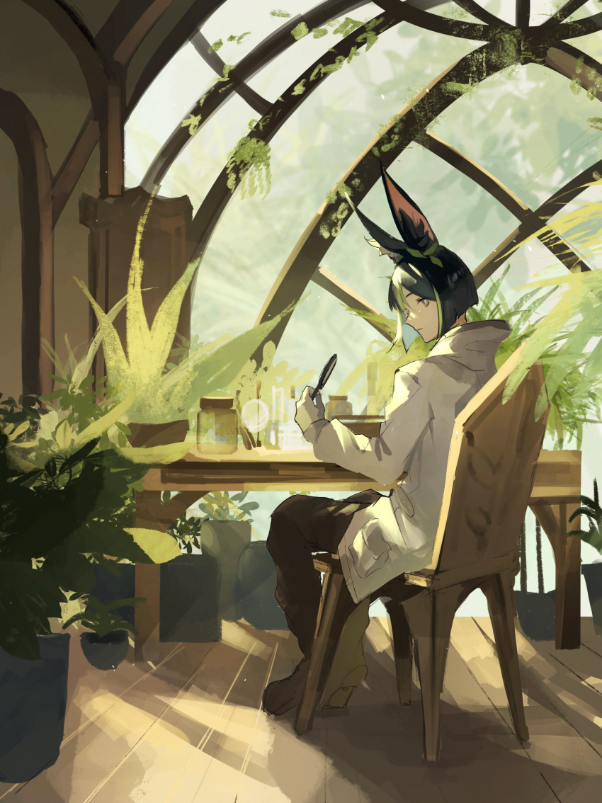 1boy absurdres animal_ears black_hair genshin_impact gloves green_hair highres holding holding_quill hood hood_down indoors jacket on_chair plant potted_plant quill round_window short_hair sitting solo tighnari_(genshin_impact) white_gloves white_jacket window wooden_floor zuu_(kyuudo9)