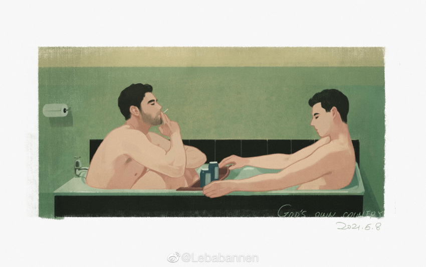 2boys artist_request bara bathtub beard_stubble black_hair closed_eyes facial_hair from_side highres male_focus multiple_boys nipples nude original profile shared_bathing short_hair sideburns smoking stubble upper_body yaoi