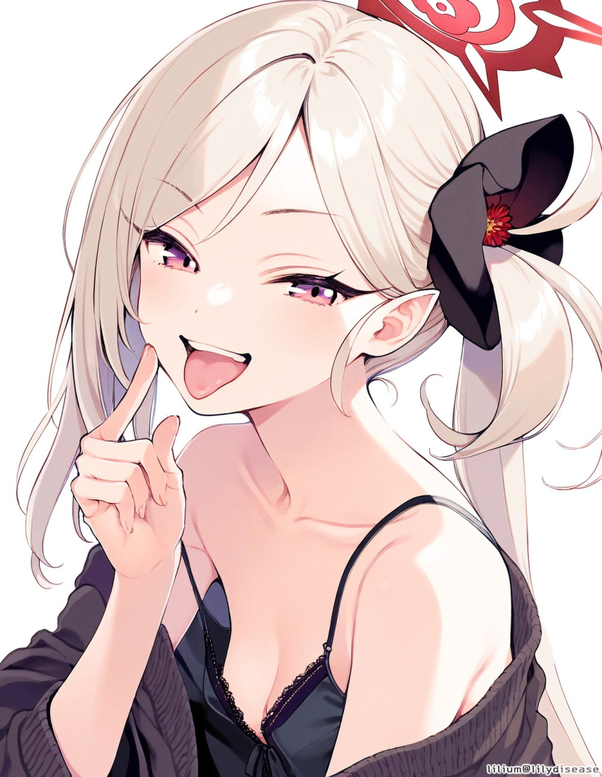 1girl ai-generated black_flower blue_archive collarbone commentary flower hair_flower hair_ornament halo highres lilium(lilydisease) long_hair mesugaki mutsuki_(blue_archive) open_mouth pointy_ears red_eyes red_halo spaghetti_strap teeth tongue upper_teeth_only white_background white_hair