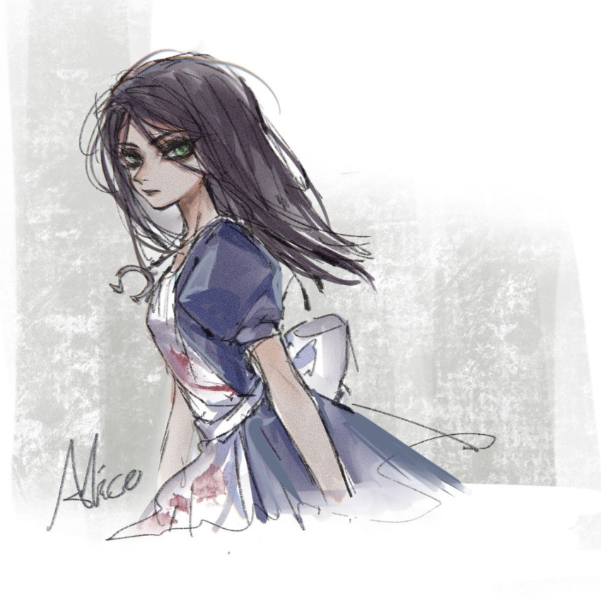 1girl alice:_madness_returns alice_liddell_(american_mcgee's_alice) american_mcgee's_alice apron black_hair blood blood_on_clothes blue_dress character_name dress film_grain green_eyes highres horseshoe horseshoe_necklace long_hair puffy_short_sleeves puffy_sleeves short_sleeves solo thenintlichen96 white_apron