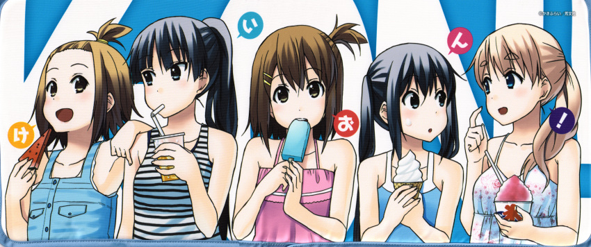 5girls absurdres akiyama_mio arm_on_another's_shoulder bare_shoulders black_eyes black_hair blonde_hair blue_background blue_eyes brown_eyes brown_hair cup drink drinking_straw eating food food_on_face forehead fruit hair_ornament highres hime_cut hirasawa_yui holding holding_drink holding_food ice_cream k-on! kakifly kotobuki_tsumugi looking_at_another looking_at_viewer multiple_girls nakano_azusa official_art open_mouth ponytail popsicle scan shaved_ice side_ponytail simple_background speech_bubble tainaka_ritsu text_background thick_eyebrows topknot twintails upper_body watermelon white_background