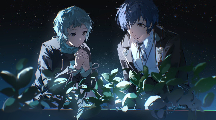 1boy 1girl aqua_hair black_jacket black_ribbon blue_eyes blue_hair collared_shirt gekkoukan_high_school_uniform green_eyes hair_over_one_eye hashtag_only_commentary highres jacket long_sleeves neck_ribbon open_clothes open_jacket own_hands_together persona persona_3 plant r5_(yexinr5) ribbon school_uniform shirt short_hair signature white_shirt yamagishi_fuuka yuuki_makoto_(persona_3)