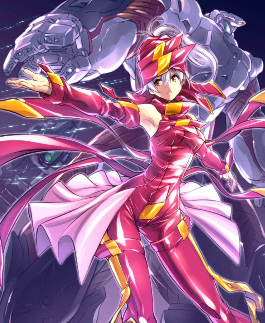 1girl absurdres armpits bodysuit breasts detached_sleeves floating hair_between_eyes highres ishiyumi looking_to_the_side mecha mugen_no_ryvius neya_(mugen_no_ryvius) open_hands pink_headwear pink_skirt red_eyes ryvius science_fiction silver_hair skirt small_breasts space_craft tied_hair visor vital_guarder