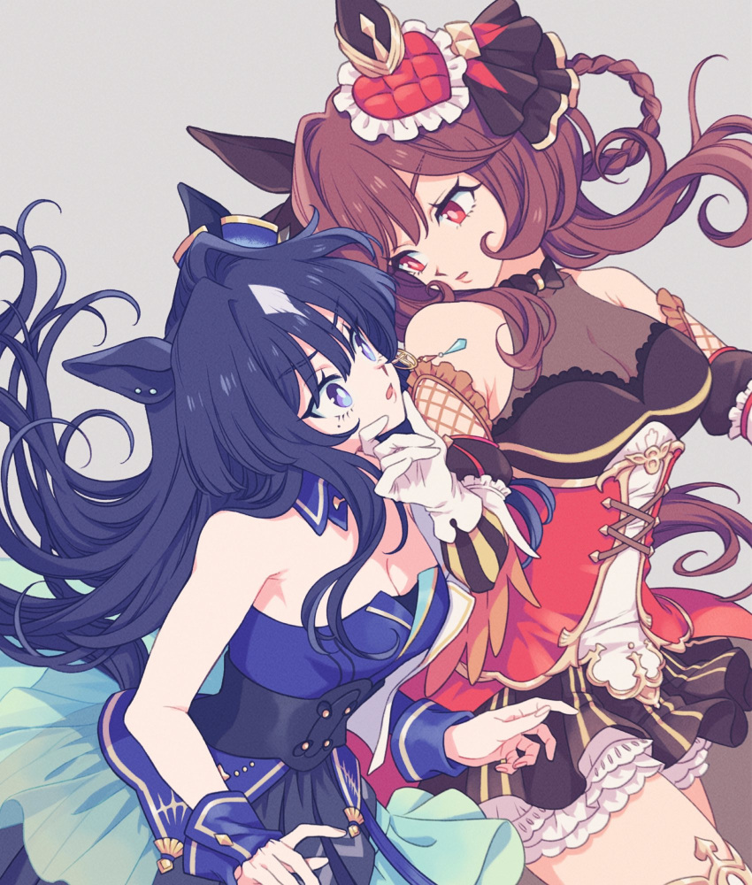2girls animal_ears bare_shoulders black_bow black_bowtie black_skirt blue_dress blue_eyes blue_hair bodystocking bow bowtie braided_hair_rings breasts brown_hair cleavage corset detached_collar detached_sleeves dress ear_covers ear_ornament frilled_skirt frills gentildonna_(umamusume) gloves grabbing_another's_chin hair_rings hand_on_another's_chin highres horse_ears horse_girl horse_tail komasawa_(fmn-ppp) long_hair medium_breasts multiple_girls red_corset red_eyes skirt tail umamusume verxina_(umamusume) very_long_hair white_gloves wrist_cuffs