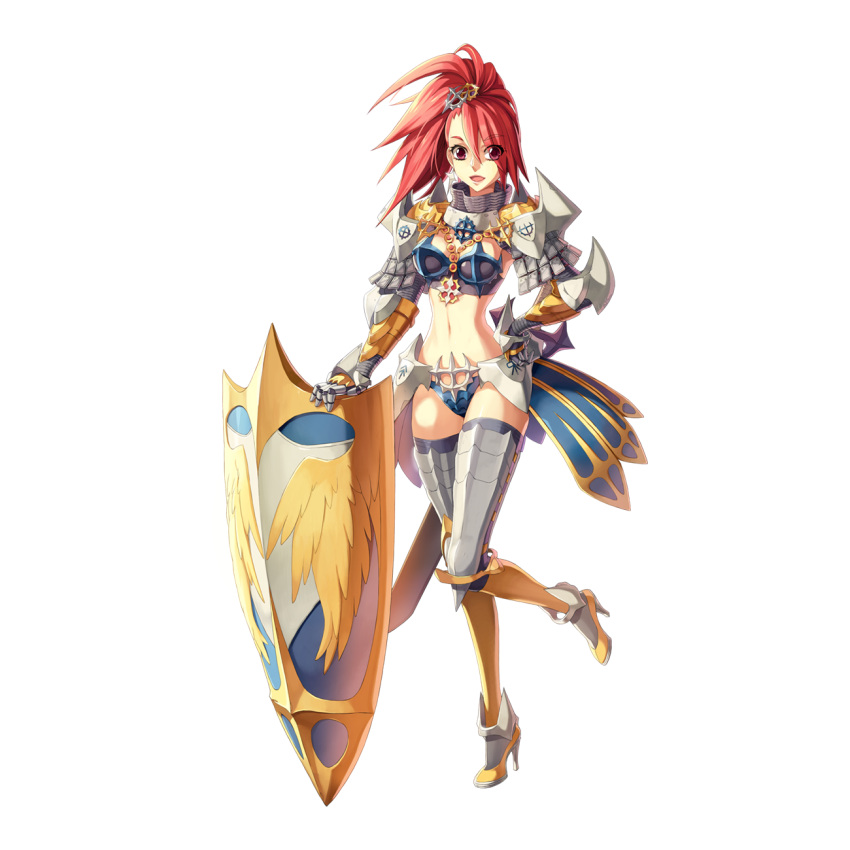1girl armor armored_boots bikini_armor black_thighhighs boots breasts cross_hair_ornament cross_of_prontera eyes_visible_through_hair faulds full_body gauntlets hair_between_eyes hair_ornament high_heel_boots high_heels high_ponytail highres holding holding_shield jewelry leg_armor leona_(pixiv) long_bangs long_hair looking_at_viewer medium_breasts navel necklace official_art open_mouth pauldrons ragnarok_online red_hair royal_guard_(ragnarok_online) shield shoulder_armor simple_background smile solo standing standing_on_one_leg tachi-e thighhighs transparent_background