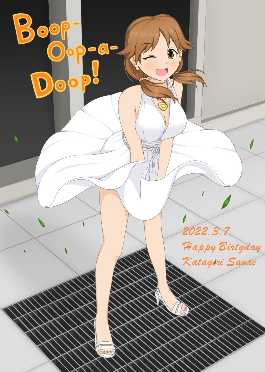 1girl bare_legs bare_shoulders blush breasts brown_eyes brown_hair cleavage cosplay dress dress_tug earrings english_text falling_leaves grate hair_bobbles hair_ornament heart heart_necklace highres idolmaster idolmaster_cinderella_girls jewelry katagiri_sanae large_breasts leaf light_blush looking_at_viewer low_twintails marilyn_monroe marilyn_monroe_(cosplay) necklace one_eye_closed open_mouth road scene_reference short_twintails smile solo standing street the_seven-year_itch twintails vent_(object) waikaze white_dress wind wind_lift