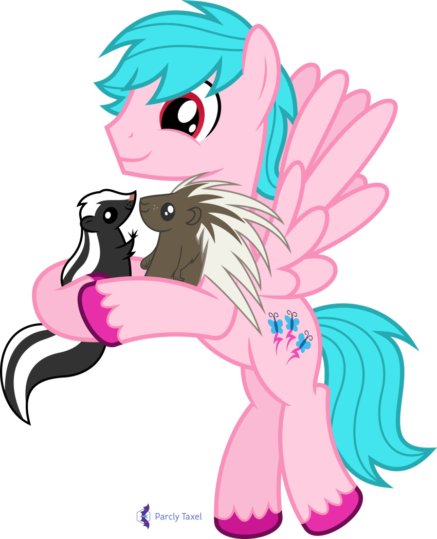 2021 absurd_res alpha_channel ambiguous_gender black_body blue_body blue_hair brown_body equid equine fan_character feral fetlocks flying group hair happy hasbro hi_res holding_object hug male mammal mephitid my_little_pony parclytaxel pegasus porcupine red_eyes rodent signature simple_background skunk smile stripes transparent_background white_stripes wings