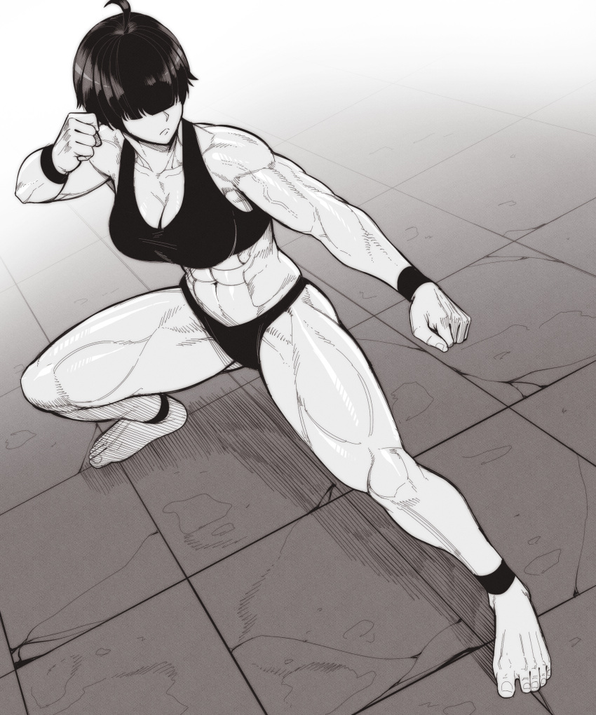 abs absurdres ahoge ankleband ass_visible_through_thighs black_hair black_panties black_sports_bra breasts cleavage_cutout clothing_cutout collarbone fighting_stance greyscale hair_over_eyes highres long_bangs looking_to_the_side monochrome muscular muscular_female original panties short_hair sketch speedl00ver sports_bra sports_panties thick_thighs thighs tile_floor tiles underwear veins wristband