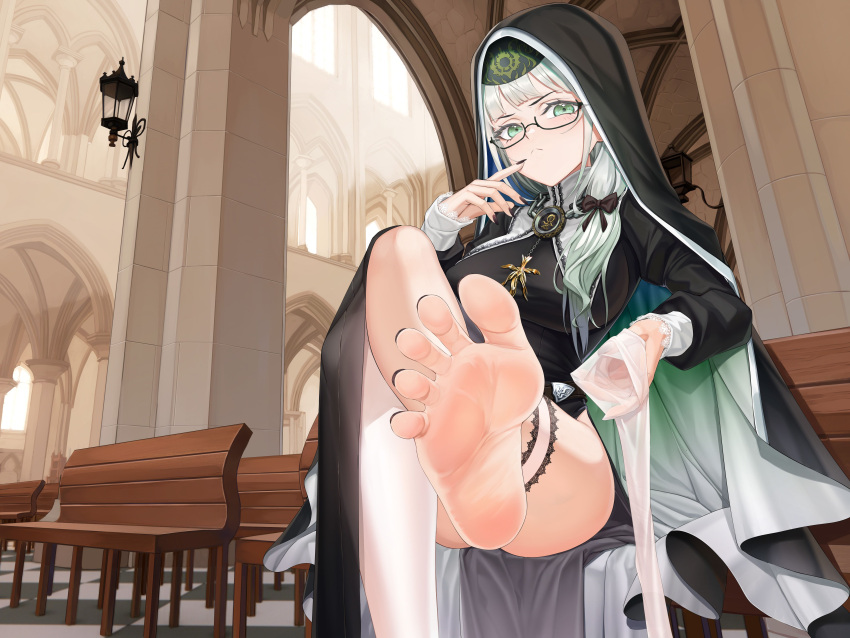 1girl absurdres barefoot black_bow black_dress black_nails bow breasts chinese_commentary church closed_mouth clothing_cutout commentary_request convenient_leg crossed_legs dress eyelashes feet finger_to_mouth foot_focus foot_out_of_frame foot_up glasses green_eyes grey_hair habit hair_bow hair_over_shoulder highres holding holding_clothes holding_legwear impossible_clothes impossible_dress indie_virtual_youtuber indoors jewelry lace_trim large_breasts legs long_hair long_sleeves looking_at_viewer nail_polish necklace nun on_chair parasister_(vtuber) ponytail presenting_foot saliva see-through see-through_legwear side_cutout single_thighhigh sitting soles solo spread_toes thighhighs toenail_polish toenails toes v-shaped_eyebrows variant_set virtual_youtuber white_thighhighs xo_(xo17800108)