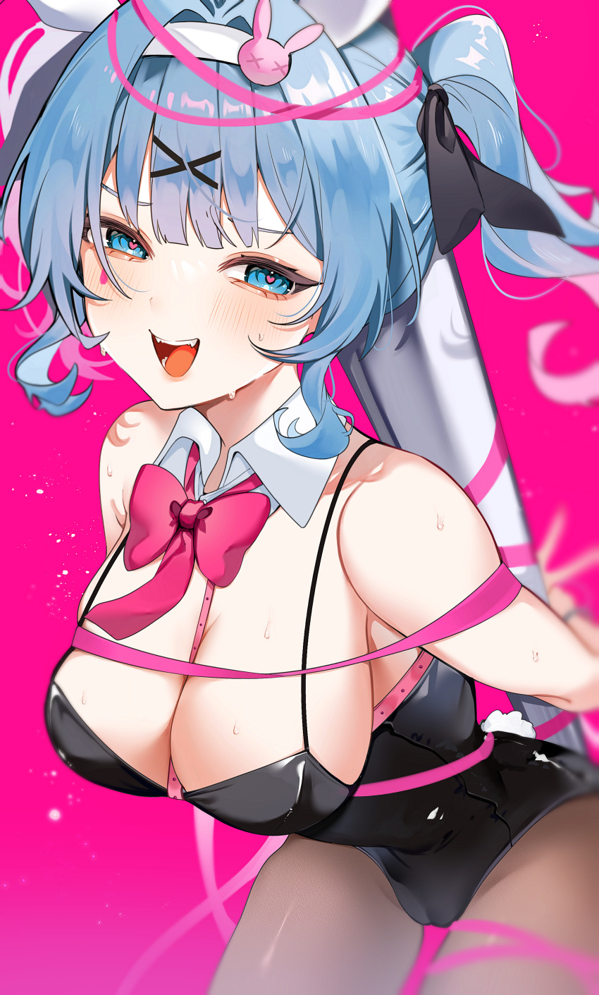 1girl :d absurdres animal_ears black_leotard black_pantyhose blue_eyes blue_hair bound bow bowtie breasts cameltoe cleavage detached_collar fake_animal_ears hair_ornament hairband hatsune_miku heart heart-shaped_pupils highres large_breasts leotard medium_hair norisukexxy pantyhose pink_background pink_ribbon playboy_bunny pole rabbit_ears rabbit_hole_(vocaloid) red_bow red_bowtie ribbon smile solo stripper_pole sweatdrop symbol-shaped_pupils teardrop_facial_mark twintails vocaloid white_hairband x_hair_ornament
