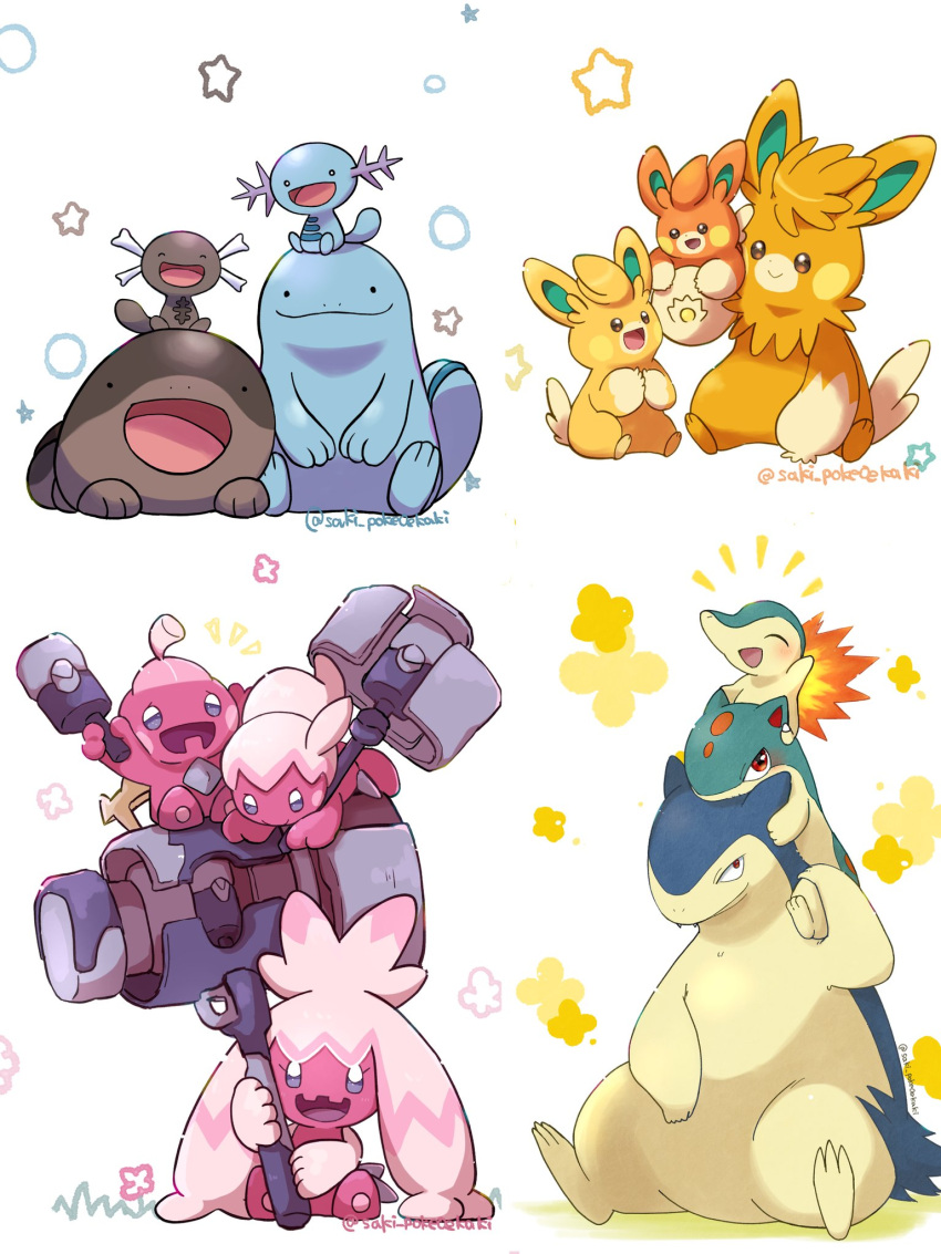 :d ^_^ brown_eyes clodsire closed_eyes closed_mouth colored_skin commentary_request cyndaquil evolutionary_line fangs fire hammer highres no_humans notice_lines open_mouth orange_fur paldean_wooper pawmi pawmo pawmot pink_skin pokemon pokemon_(creature) quagsire quilava red_eyes saki_pokeoekaki simple_background sitting smile solid_circle_eyes star_(symbol) tail tinkatink tinkaton tinkatuff typhlosion white_background wooper