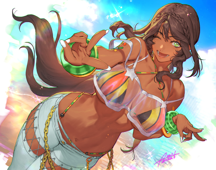 1girl andromeda_(fate) andromeda_(second_ascension)_(fate) azusa_(hws) bandeau bare_shoulders beach bikini bikini_under_clothes blue_pants blue_sky blush bracelet braid breasts brown_hair chain cleavage criss-cross_halter crown_braid dark-skinned_female dark_skin denim fate/grand_order fate_(series) green_eyes halterneck highleg highleg_bikini highres hydrokinesis jeans jewelry large_breasts long_hair looking_at_viewer low_ponytail multicolored_bikini multicolored_clothes navel one_eye_closed open_mouth pants rainbow_bikini see-through shore sidelocks sky smile solo swimsuit textless_version v water