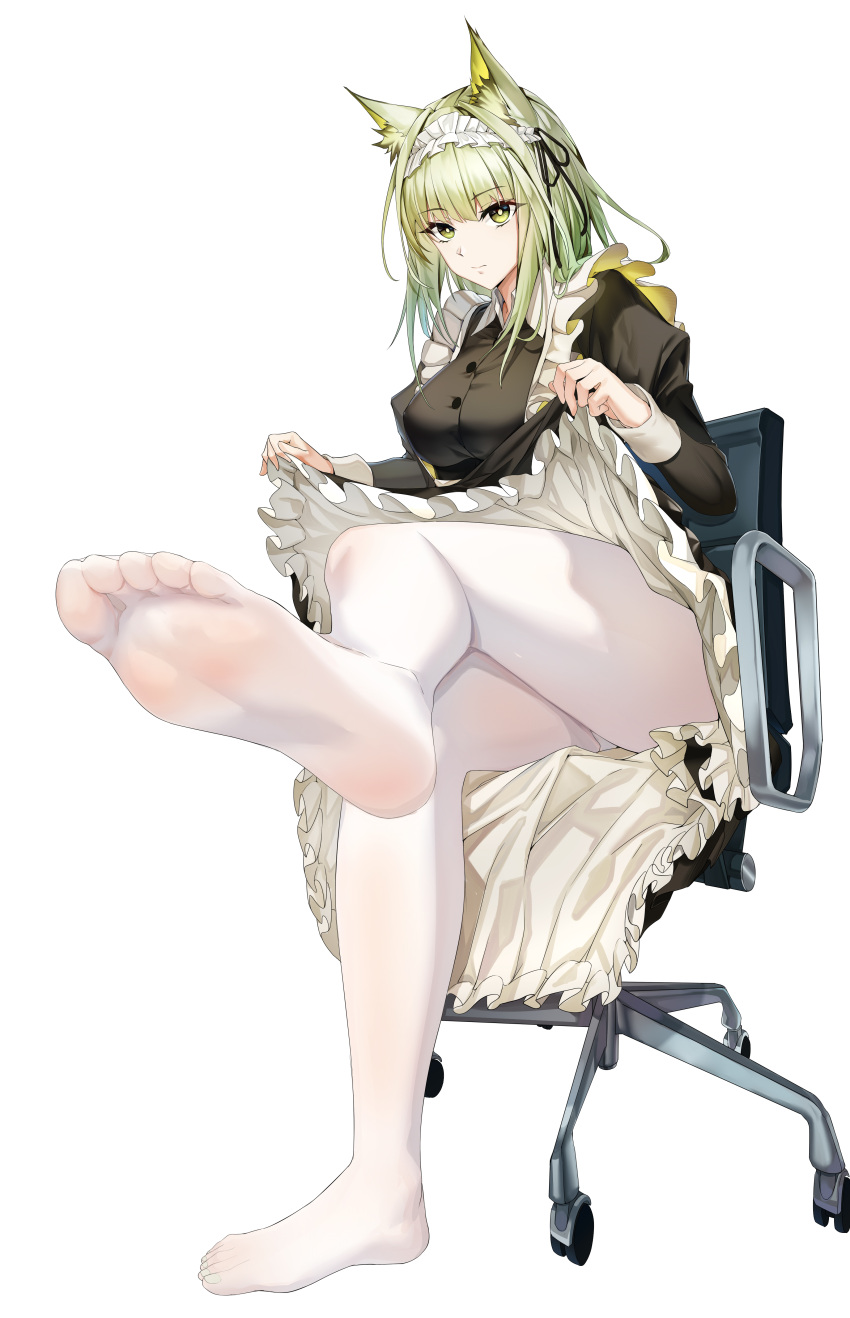 1girl absurdres animal_ear_fluff animal_ears apron arknights ass chair clothes_lift commentary_request dress feet feet_up frilled_apron frills full_body green_dress green_eyes highres kal'tsit_(arknights) legs looking_at_viewer maid maid_apron maid_headdress no_shoes official_alternate_costume panties pantyhose short_hair simple_background skirt skirt_lift soles solo underwear white_apron white_background white_pantyhose xo_(xo17800108)