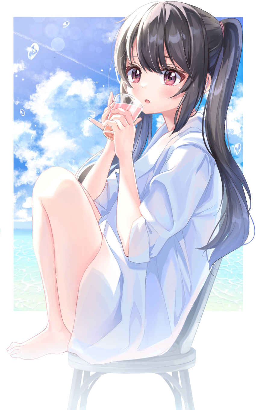 1girl bare_legs barefoot beach black_hair blue_sky blush cloud commentary_request cumulonimbus_cloud cup drink hair_between_eyes highres holding holding_cup light_particles light_rays long_hair looking_at_viewer ocean on_chair open_mouth original oversized_clothes red_eyes shirt sidelocks sitting sky summer sunbeam sunlight twintails tyutaka0427 water_drop white_shirt