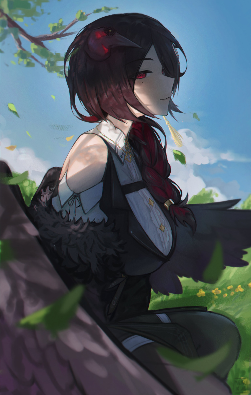1girl absurdres black_hair braid colored_inner_hair day demon_horns highres hololive hololive_english horns leaf long_hair looking_at_viewer m3ru mamarissa mature_female mole mole_under_eye multicolored_hair outdoors red_eyes red_hair sky smile solo tree two-tone_hair virtual_youtuber wings