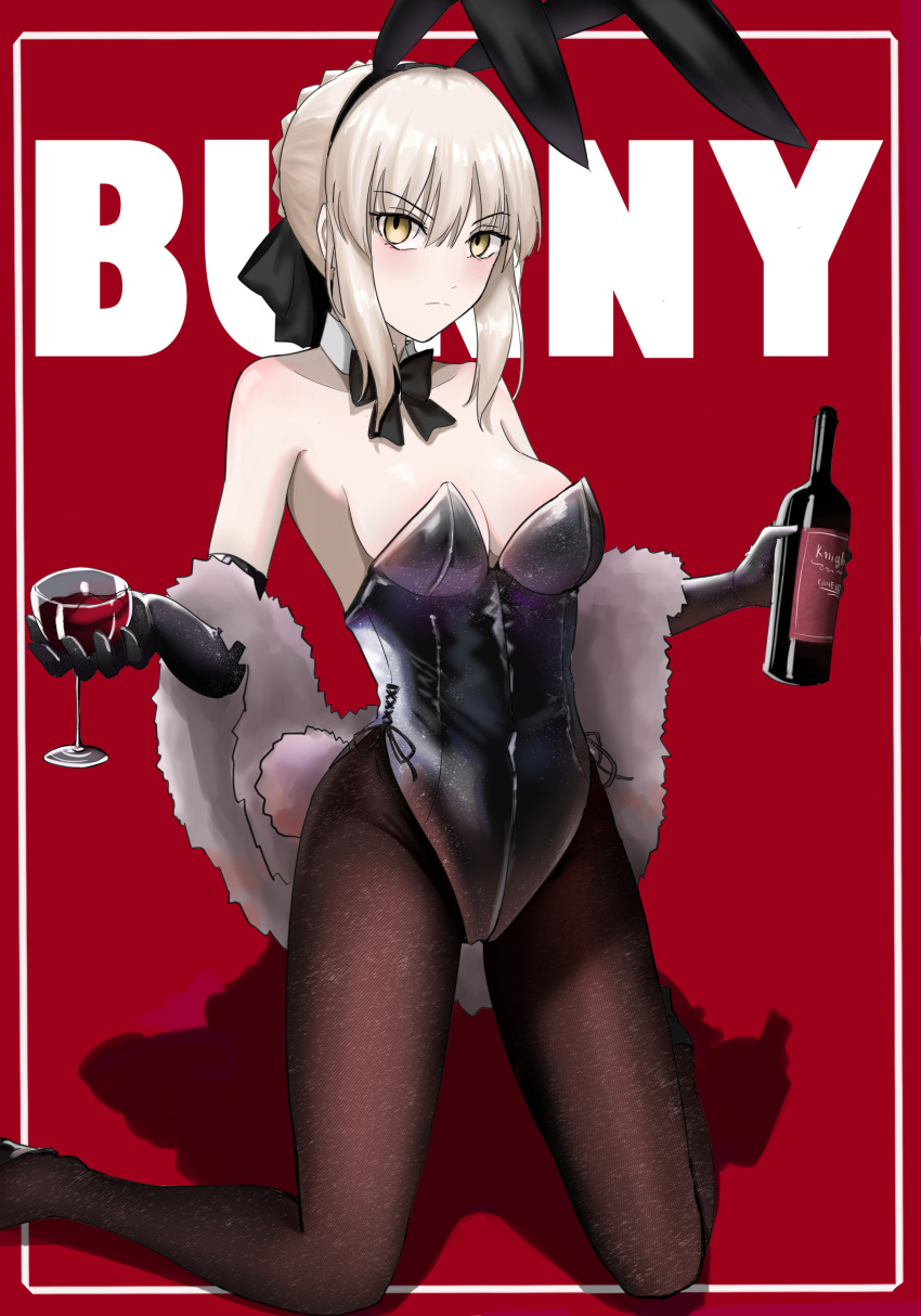 1girl absurdres alcohol animal_ears artoria_pendragon_(fate) bare_shoulders black_bow black_gloves black_leotard blonde_hair bottle bow braid breasts brown_pantyhose cleavage collarbone cup detached_sleeves drinking_glass elbow_gloves fake_animal_ears fate/stay_night fate_(series) french_braid gloves hair_between_eyes hair_bow hair_bun highleg highleg_leotard highres kneeling leotard long_hair longdq3008 looking_at_viewer medium_breasts pantyhose playboy_bunny rabbit_ears rabbit_tail red_background saber_alter sidelocks solo strapless strapless_leotard tail wine wine_bottle wine_glass yellow_eyes