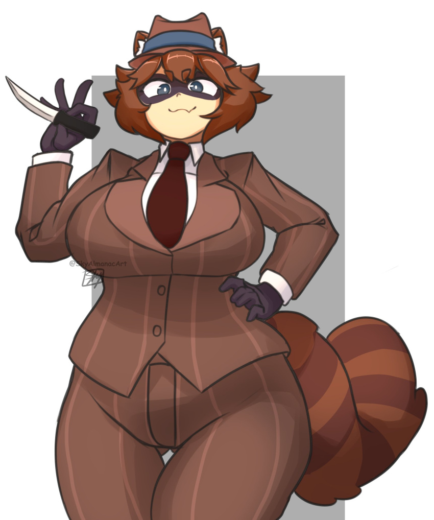 animal_humanoid big_breasts bottomwear breasts brown_body brown_fur brown_hair clothing eye_mask eyebrows fedora female fur gloves grey_eyes hair hand_on_hip handwear hat headgear headwear hi_res holding_object holding_weapon humanoid jane_(silentmanjoe) knife looking_at_viewer mammal mammal_humanoid mouth_closed necktie pants procyonid procyonid_humanoid raccoon_humanoid simple_background sky_almanac smile solo suit tail team_fortress_2 thick_eyebrows valve weapon
