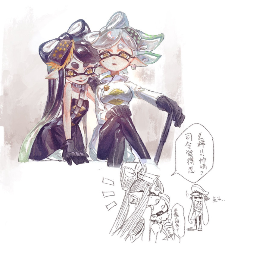 3girls ^_^ agent_3_(splatoon) black_dress black_gloves black_hair black_pantyhose bow-shaped_hair callie_(splatoon) chinese_text closed_eyes cousins cross-shaped_pupils dress earrings film_grain gloves green_hair grey_hair hand_on_own_knee highres inkling inkling_girl inkling_player_character jewelry marie_(splatoon) mole mole_under_eye multicolored_hair multiple_girls neck_ring open_mouth pantyhose pointy_ears smile speech_bubble splatoon_(series) splatoon_3 strapless strapless_dress symbol-shaped_pupils tentacle_hair thenintlichen96 translation_request two-tone_hair white_pantyhose yellow_eyes