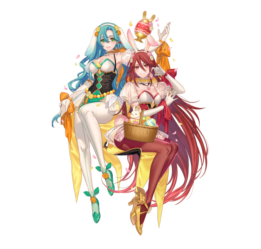 2girls absurdres animal_ears animal_hat aqua_footwear aqua_hair artist_request basket braid breasts chloe_(fire_emblem) chloe_(spring)_(fire_emblem) cleavage cordelia_(fire_emblem) cordelia_(spring)_(fire_emblem) detached_sleeves fake_animal_ears fire_emblem fire_emblem_awakening fire_emblem_engage fire_emblem_heroes gloves green_eyes hat high_heels highres kippu leotard long_hair long_sleeves looking_at_viewer medium_breasts multiple_girls official_art pantyhose playboy_bunny puffy_short_sleeves puffy_sleeves rabbit_ears rabbit_hat red_eyes red_hair red_pantyhose short_sleeves single_braid small_breasts smile tachi-e transparent_background very_long_hair white_gloves white_pantyhose yellow_footwear