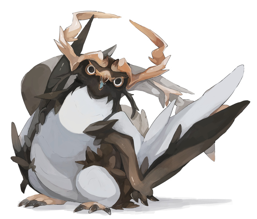 animal_focus beak bird black_eyes brown_horns claws commentary_request full_body horns looking_at_viewer monster no_humans omarumaru open_mouth original penguin sharp_teeth simple_background solo tail teeth white_background wings