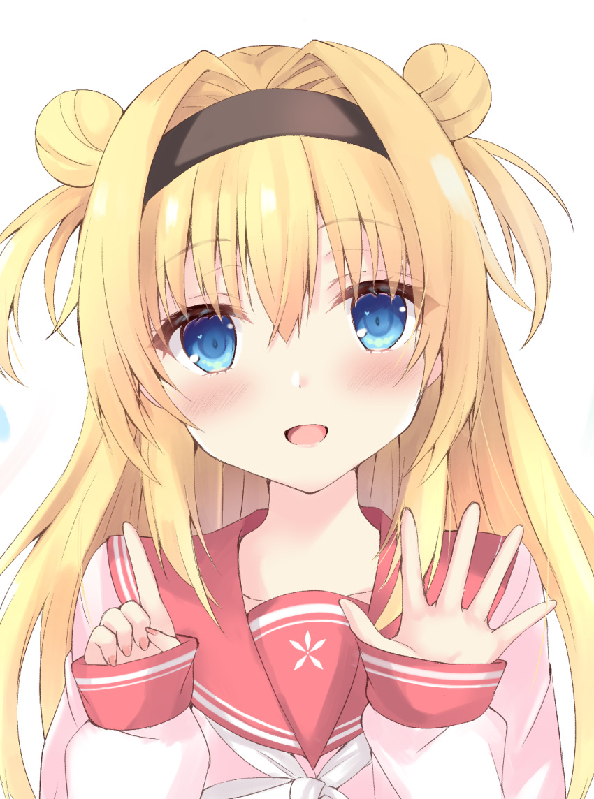 1girl :d black_hairband blonde_hair blue_eyes blush chitose_sana commentary_request double_bun eyelashes eyes_visible_through_hair fingernails hair_between_eyes hair_bun hair_intakes hairband hands_up happy highres index_finger_raised long_hair looking_at_viewer neckerchief open_hand open_mouth pink_shirt purunyara red_sailor_collar sailor_collar school_uniform serafuku shirt sidelocks simple_background sleeves_past_wrists smile solo straight-on straight_hair tenshinranman tsurime two_side_up upper_body white_background white_neckerchief