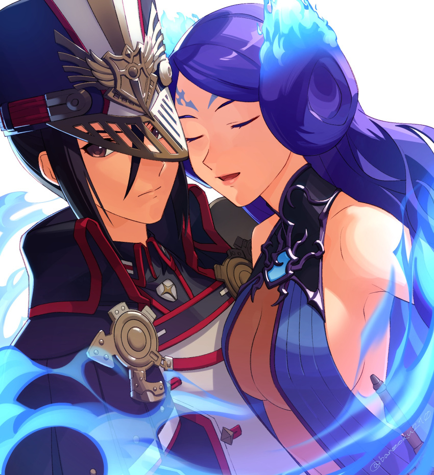 2girls asagi_(banzoku210) black_hair black_jacket blue_dress blue_fire blue_hair breasts brighid_(xenoblade) brown_eyes cleavage closed_eyes closed_mouth dress fire hat highres jacket long_hair looking_at_viewer medium_breasts military_hat military_uniform morag_ladair_(xenoblade) multiple_girls open_mouth reverse_trap simple_background uniform upper_body very_long_hair white_background xenoblade_chronicles_(series) xenoblade_chronicles_2