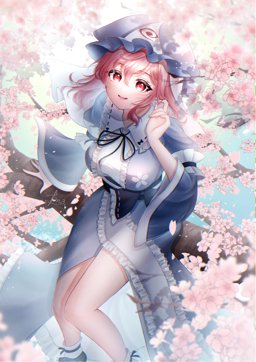 1girl absurdres blue_kimono breasts cherry_blossom_print cherry_blossoms commentary_request feet_out_of_frame floral_print frilled_kimono frills highres japanese_clothes kimono large_breasts long_sleeves looking_at_viewer pink_eyes pink_hair saigyouji_yuyuko solo sumishiro_8070 touhou wide_sleeves