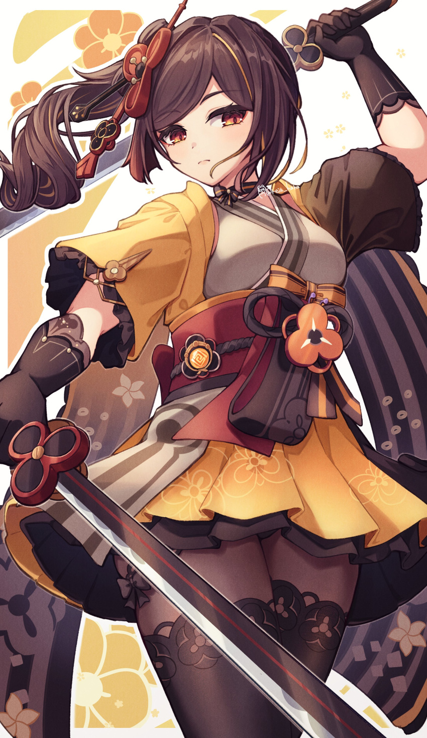 1girl absurdres black_gloves breasts brown_eyes brown_hair brown_pantyhose chiori_(genshin_impact) commentary cowboy_shot genshin_impact gloves grey_kimono haori highres holding holding_sword holding_weapon japanese_clothes katana kimono long_hair looking_at_viewer medium_breasts obi pantyhose ponytail red_sash reia_hana sash short_sleeves solo standing sword thighs weapon