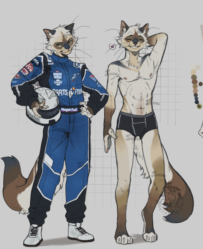 3_toes abs anthro boxers_(clothing) boxers_only brown_body brown_fur claws clothed clothing domestic_cat feet felid feline felis fur heart_symbol hi_res male mammal one_eye_closed pecs racer racing_helmet racing_suit slim_anthro slim_male smile smiling_at_viewer solo standing starliro toes topless underwear underwear_only white_body white_claws white_fur yellow_eyes