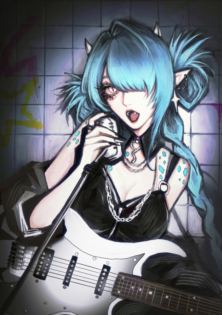 1girl absurdres aegyo_sal alternate_costume aqua_hair aqua_scales asymmetrical_bangs black_camisole black_jacket black_nails blunt_bangs braid breasts camisole chain_necklace chinese_commentary cleavage colored_eyelashes commentary ear_chain earrings electric_guitar eyelashes fangs fingernails graffiti guitar hair_intakes hair_over_one_eye highres holding holding_microphone_stand instrument jacket jewelry long_hair medium_breasts microphone_stand multiple_necklaces music nail_polish necklace off_shoulder one_eye_covered open_mouth path_to_nowhere pointy_ears scales serpent_(path_to_nowhere) sharp_fingernails sidelocks silver_earrings silver_necklace singing slit_pupils small_horns solo spotlight star_(symbol) star_earrings tile_wall tiles twin_braids upper_body white_eyes white_nails yu_zhezhe