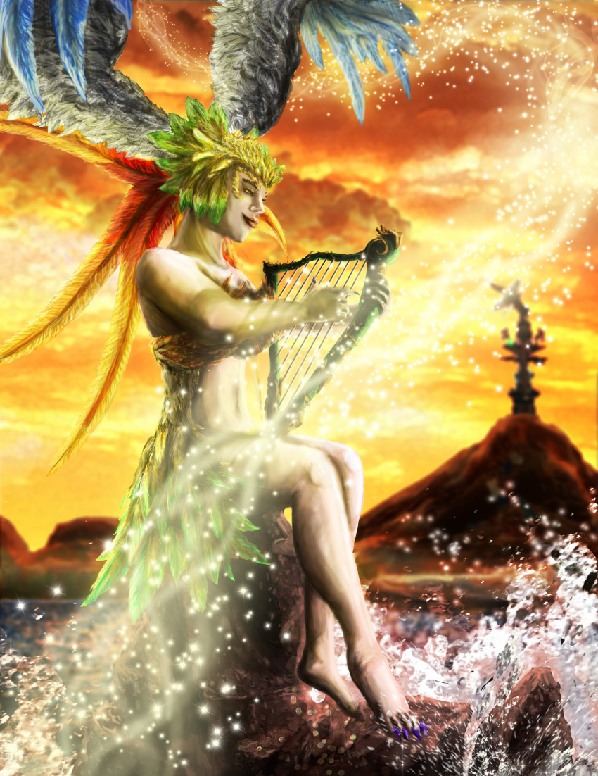 2019 absurd_res breasts colored_nails depth_of_field detailed detailed_background detailed_feathers eyelashes feather_hair feathered_wings feathers female female_humanoid final_fantasy final_fantasy_viii game_background harp head_wings hi_res hill holding_harp humanoid light_body light_skin lipstick magic makeup musical_instrument nails not_furry on_rock orange_sky outside particles playing_harp playing_music plucked_string_instrument portrait pseudo_hair purple_nails red_lipstick satellite_dish sea sea_spray side_view siren siren_(final_fantasy) sitting sky smile solo sparkles spread_wings square_enix sswoodruff89 string_instrument tomboy twilight water wings