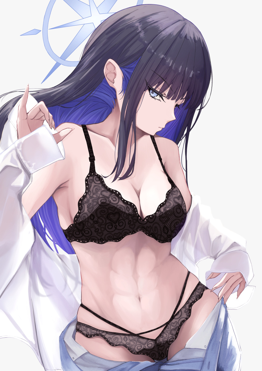 1girl abs absurdres blue_archive blue_eyes blue_hair blue_halo breasts cleavage colored_inner_hair denim halo highres jeans lingerie looking_at_viewer multicolored_hair navel open_fly pants sakura_nyannyan saori_(blue_archive) shirt simple_background solo underwear white_background white_shirt