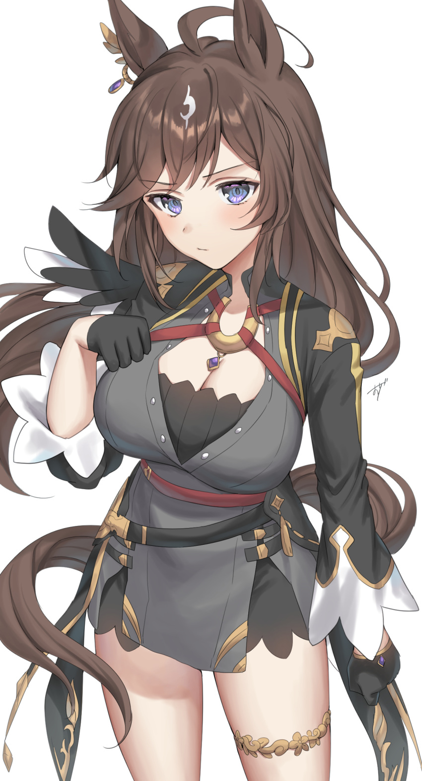 1girl ahoge animal_ears belt black_gloves blush bow breasts brown_hair cleavage dress duramente_(umamusume) ear_bow ear_ornament gloves grey_dress highres horse_ears horse_girl horse_tail large_breasts long_hair looking_at_viewer multicolored_hair oshage_(osyage921) purple_eyes solo streaked_hair tail thigh_strap umamusume