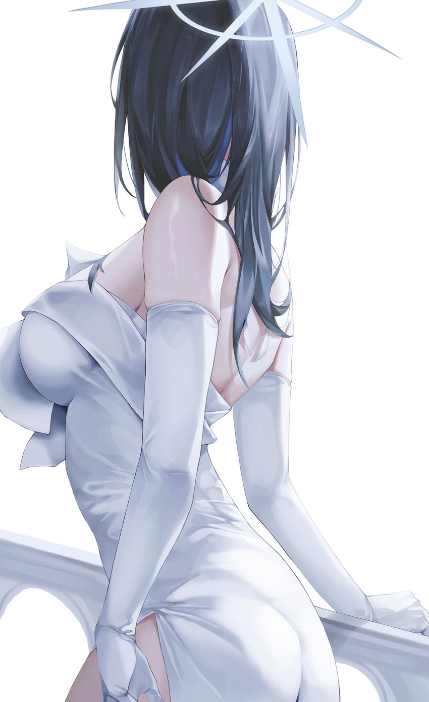 1girl black_hair blue_archive blue_hair blue_halo breasts dress elbow_gloves from_side gloves halo highres large_breasts moda_(mo_da_3) saori_(blue_archive) saori_(dress)_(blue_archive) side_slit simple_background solo strapless strapless_dress upper_body white_background white_dress white_gloves