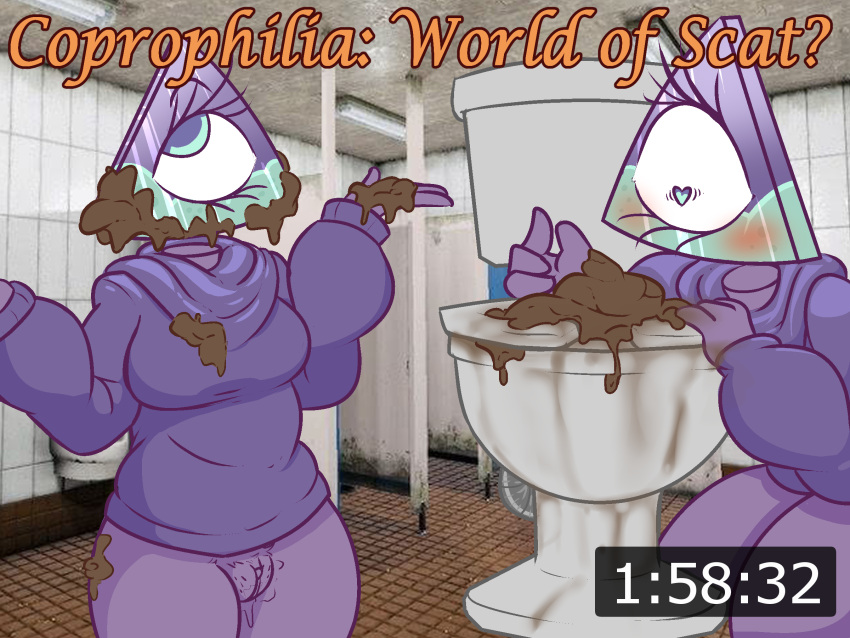 4:3 anal_juice andromorph anus bodily_fluids clothing dialogue eating_feces feces feces_in_mouth for_a_head genitals hi_res iilluminaughtii intersex object_head pooping pooping_on_floor pubes purple_body pussy scat text toilet youtuber zadirtybish