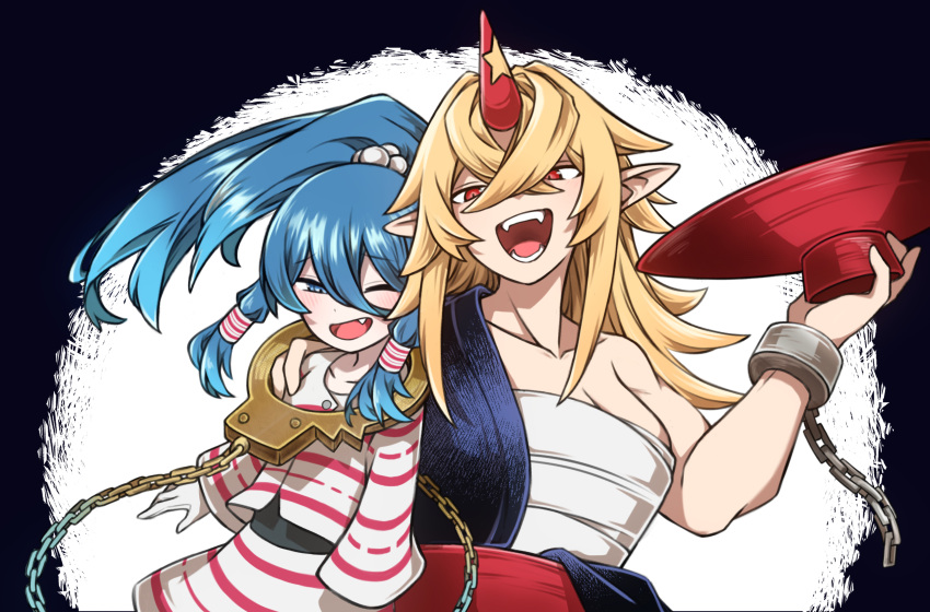 2girls :d blonde_hair blue_eyes blue_hair blue_kimono breasts ch00suke chain cleavage commentary_request crossed_bangs cuffs cup fang hair_between_eyes hair_bobbles hair_ornament hair_tubes hand_on_another's_shoulder high_ponytail highres holding holding_cup horns hoshiguma_yuugi hoshiguma_yuugi_(kimono) japanese_clothes kimono long_bangs long_hair looking_at_viewer medium_breasts miyadeguchi_mizuchi multiple_girls obi off_shoulder one_eye_closed open_mouth parted_bangs pointy_ears red_eyes red_horns red_sash sakazuki sarashi sash shirt single_horn skirt smile star_(symbol) striped_clothes striped_shirt striped_skirt touhou upper_body white_shirt white_skirt